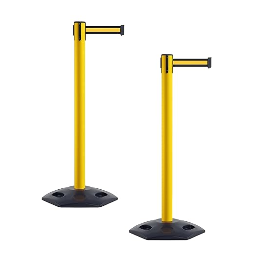 Crowd Control Warehouse CCW Series WBB-200 - Set of 2 Stanchion Retractable Belt Barriers - 11 Foot, Black Yellow Horizontal Stripe Belt with Yellow Post - Easy Assembly