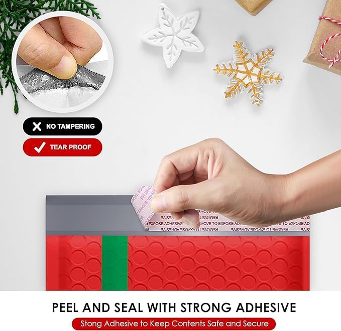 Christmas Poly Bubble Mailers | #4 Cushion Mailer, 9.5x14.5" | Self Seal | Holiday Themed, Red Green Gift Packaging Envelope | Xmas Padded Envelopes | Shipping Bags Mailing Envelopes | 100 pack Bulk