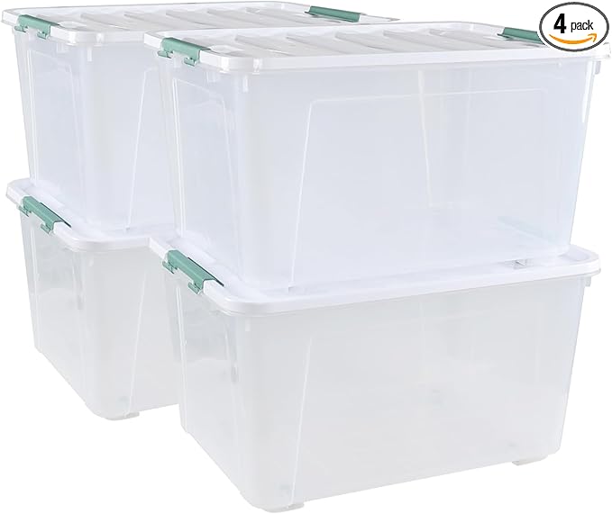 80 L Large Plastic Storage Bins with Lids, 4 Pack Wheeled Clear Storage tote with Latch Handle