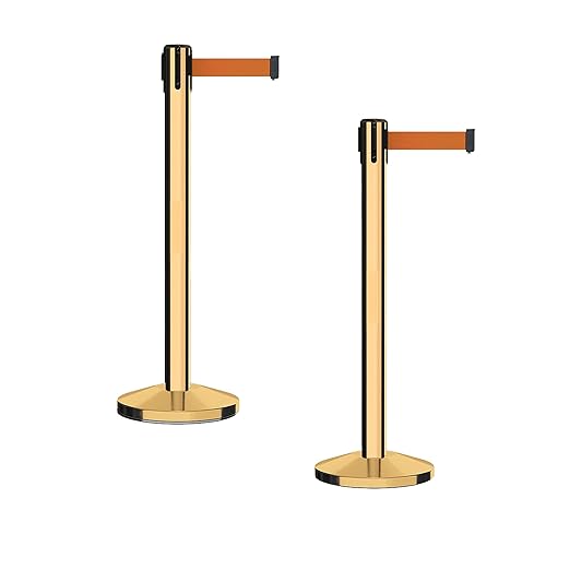 Crowd Control Warehouse CCW Series RBB-150 - Set of 2 Stanchion Retractable Belt Barriers - 16 Foot, Orange Belt with Polished Brass Steel Post - Easy Assembly