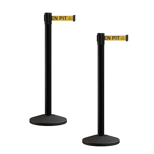 Crowd Control Warehouse CCW Series RBB-100 - Set of 2 Stanchion Retractable Belt Barriers - 9 Foot, Yellow"Beware Open Pit" Black Letters Belt with Black Post - Easy Assembly