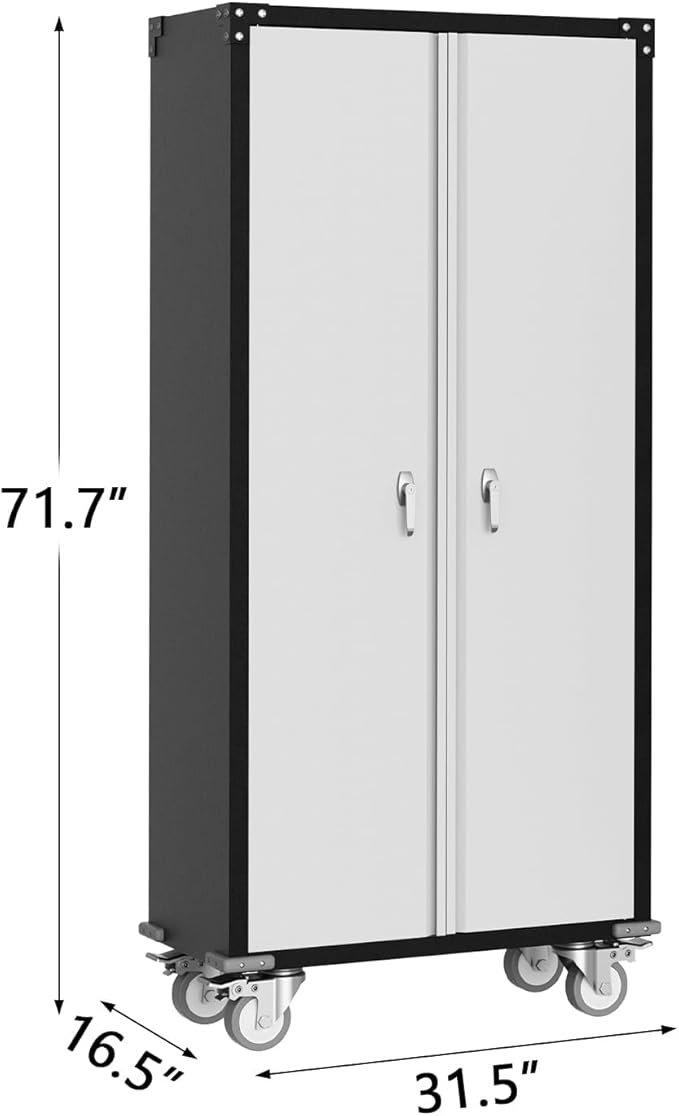 Metal Storage Cabinet with Lock-71 Tall Tool Organizer Steel Lockers w/Hanging Rod Metal Wardrobe Cabinet on Wheels for Home, Office, Warehouse, Garage