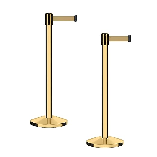 CCW Series RBB-100 - Set of 2 Stanchion Retractable Belt Barriers (9 Foot Belt, Light Brown Belt with Polished Brass Post)
