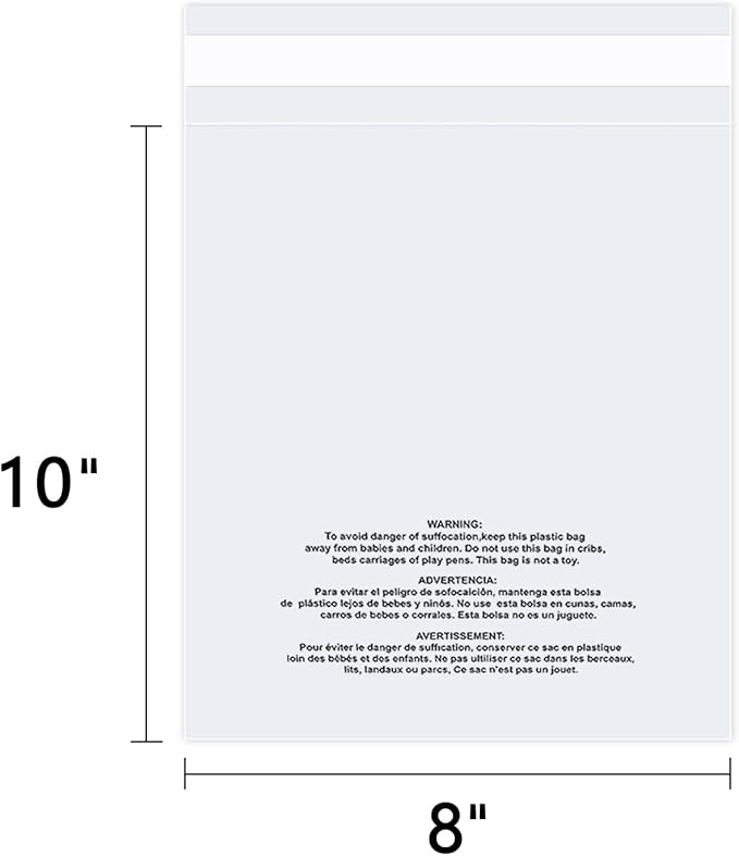 iMailer - 500 Count - 8" x 10" Clear Plastic Poly Bags with Suffocation Warning for Clothing, T-Shirt, Brochure, Prints, Handicraft Gift- Resealable Adhesive,Not Strong