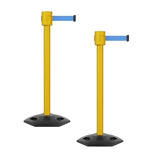 Montour Line MSR760 Set of 2 Retractable Belt Barrier Stanchion, Rubber Base, Yellow Post (35 ft Light Blue Belt)