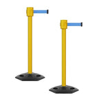 Montour Line MSR760 Set of 2 Retractable Belt Barrier Stanchion, Rubber Base, Yellow Post (35 ft Light Blue Belt)