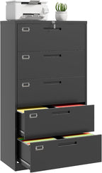 File Cabinet 5 Drawer, Lateral Filing Cabinet with Lock, Metal File Cabinets for Home Office, Office Cabinet for Hanging Files Letter/Legal/F4/A4, Assembly Required, Black