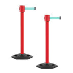 Montour Line MSR760 Set of 2 Retractable Belt Barrier Stanchion, Rubber Base, Red Post (35 ft Light Green Belt)
