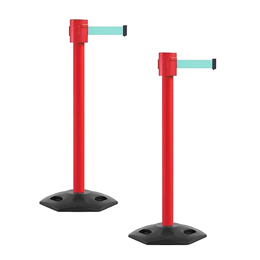 Montour Line MSR760 Set of 2 Retractable Belt Barrier Stanchion, Rubber Base, Red Post (35 ft Light Green Belt)