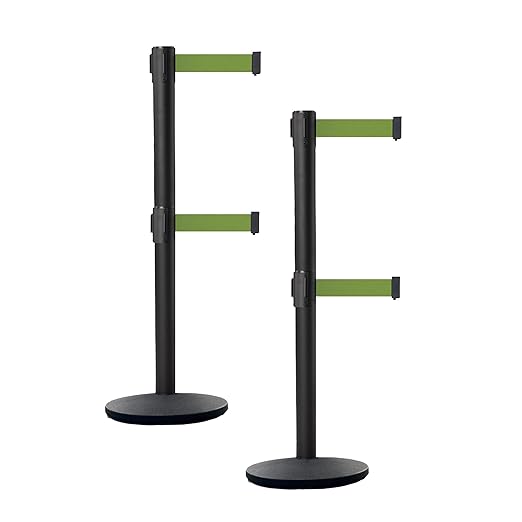 Crowd Control Warehouse CCW Set of 2 Dual Retractable Belt Barrier Stanchion, Cast Iron Base Black Post, IRBB-100D (7.5 Belt, Olive Belt)