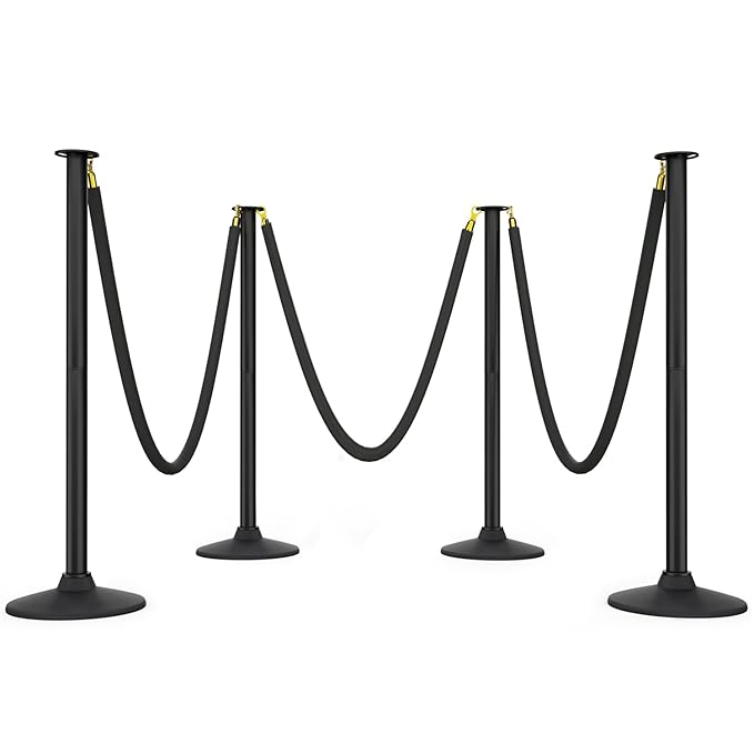 BATTIFE Plastic Stanchion Posts with Three Black Velvet Ropes and Weighted Rubber-Plastic Base, Crowd Control and Queue Management Barrier Poles for Party, Event, Red Carpet (4 Pack)