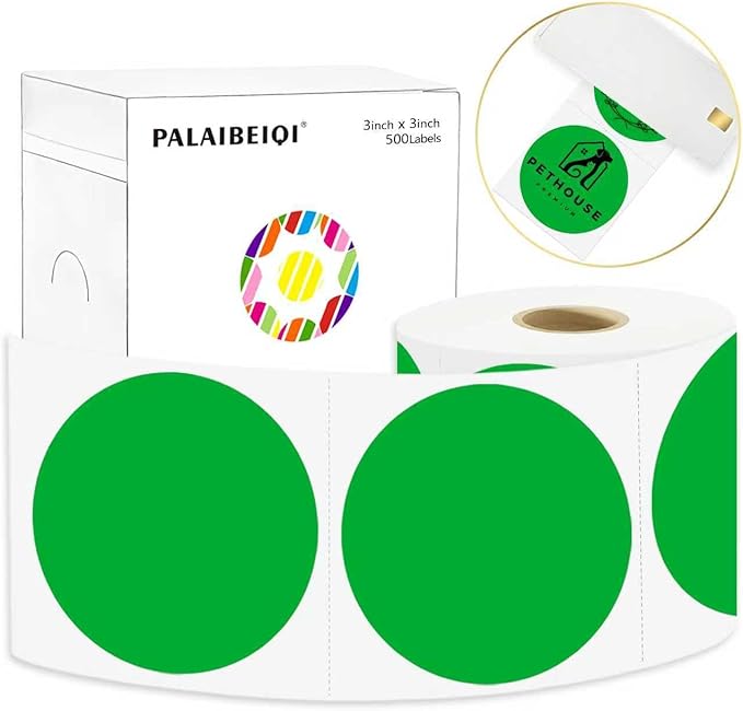 3 X 3 Inch Round Thermal Labels Circle Color Coding Labels Printable Waterproof 500PCS Round Stickers Adhesive Writable for Office, Home, Garage, DIY Sticker, Name Tag,Green
