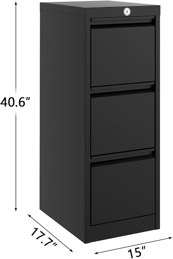 3-Drawer Metal File Cabinet with Lock, Vertical Filing Cabinet for Letter/Legal/A4/F4, Heavy Duty Steel Storage Organizer, Secure Office File Cabinet for Home Office, Black