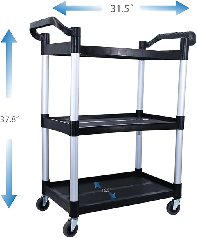 Plastic Utility Cart with Wheels Lockable, Heavy Duty Restaurant Cart, Service Cart for/Home/Office/Warehouse/Kitchen/Workshop,390 Lbs,2 Handles, Black.