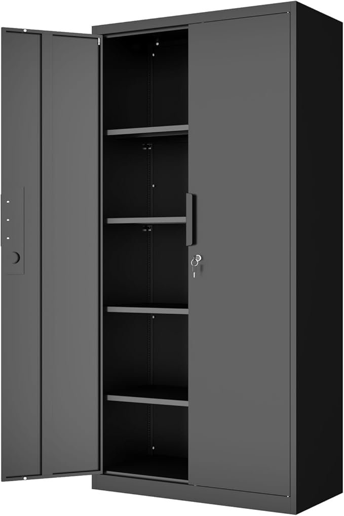 Metal Garage Storage Cabinet with Lock, 71" Tall Steel Storage Locker with 4 Adjustable Shelves, Heavy Duty Metal Cabinet for Garage, Office, Home, 31.5”W × 16.5”D, Black