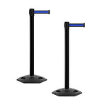 Crowd Control Warehouse CCW Series WBB-200 - Set of 2 Stanchion Retractable Belt Barriers - 11 Foot, Black with Horizontal Blue Stripe Belt with Black Post - Easy Assembly