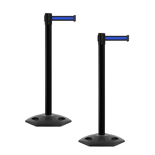Crowd Control Warehouse CCW Series WBB-200 - Set of 2 Stanchion Retractable Belt Barriers - 11 Foot, Black with Horizontal Blue Stripe Belt with Black Post - Easy Assembly