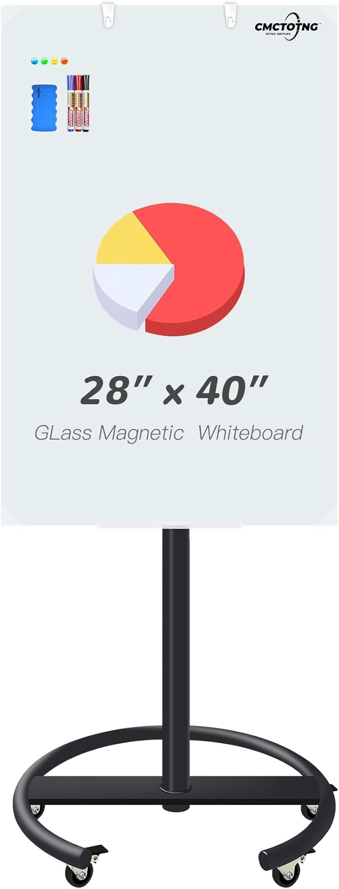 Rolling Magnetic Glass Whiteboard Standing - Small Portable Wheels Dry Erase White Board Stand with Strong Magnets, Ideal for Office, Home and Classroom(28'' X 40'')