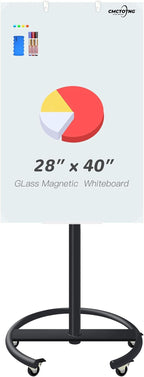 Rolling Magnetic Glass Whiteboard Standing - Small Portable Wheels Dry Erase White Board Stand with Strong Magnets, Ideal for Office, Home and Classroom(28'' X 40'')