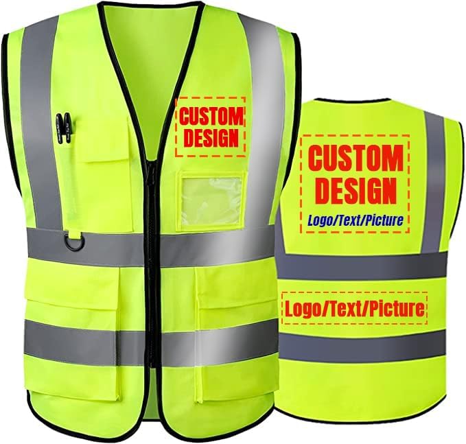 BeautyWill Safety Vest Custom Logo Class2 High Visibility Reflective Vest with 5 Pockets Construction Security Work Vest ANSI/ISEA Standards（Yellow，3XL ）