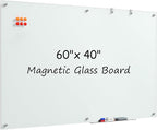 MaxGear Glass White Board 60x40 Inches, Wall Mounted Magnetic Glass Dry Erase Board, Large Frameless Whiteboard with 1 Eraser,3 Markers and 6 Magnets for Office, School, Home