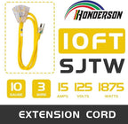 3-Outlets Indoor Outdoor Extension Cord Weatherproof with Lighted End, UL Listed, 10 Gauge 10FT Yellow 3 Prong Heavy Duty, 10/3 SJTW 15A Extension Cord