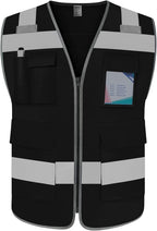 TCCFCCT Reflective Safety Vest 5 Pockets High Visibility Safety Vest for Men Women, Work Vest with Horizontal Strip for Walkie-talkie, Durable and Fashion, Meets ANSI/ISEA Standards, Black, L