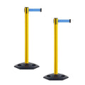 CCW Series WBB-200 Set of 2 Outdoor Safety Rubber Base Stanchion Retractable Belt Barriers - Easy to Assemble, No Tools Required (11 Foot Belt, Light Blue Belt with Yellow Post)