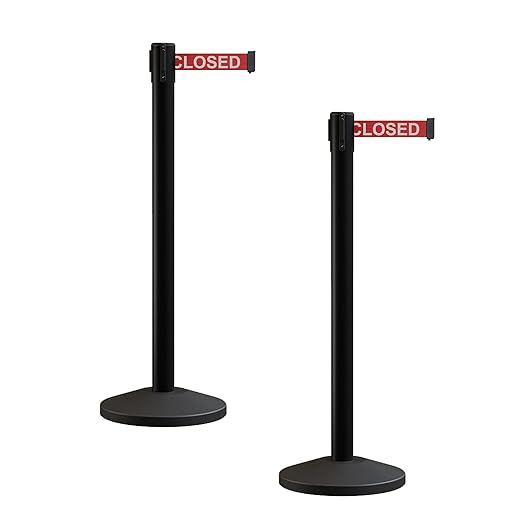Crowd Control Warehouse CCW Series RBB-100 - Set of 2 Stanchion Retractable Belt Barriers - 9 Foot, Red"This LINE is Closed" White Letters Belt with Black Post - Easy Assembly