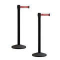 Crowd Control Warehouse CCW Series RBB-100 - Set of 2 Stanchion Retractable Belt Barriers - 9 Foot, Red"This LINE is Closed" White Letters Belt with Black Post - Easy Assembly