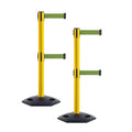 CCW Series WBB-200D - Set of 2 Retractable Dual Belt Stanchion Safety Barrier, Heavy-Duty Rubber Base Yellow Post (9 Foot Belt, Olive Belt)