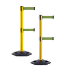 CCW Series WBB-200D - Set of 2 Retractable Dual Belt Stanchion Safety Barrier, Heavy-Duty Rubber Base Yellow Post (11 Foot Belt, Olive Belt)
