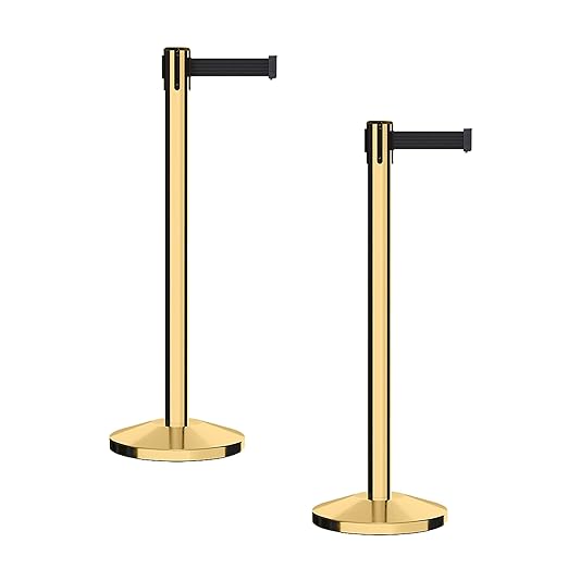 CCW Series RBB-100 - Set of 2 Stanchion Retractable Belt Barriers (9 Foot Belt, Black Belt with Polished Brass Post)