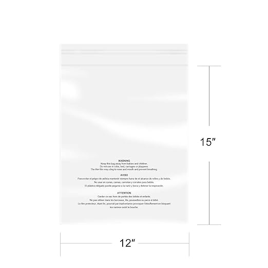 iMailer - 100 Count - 12" x 15" Clear Plastic Poly Bags with Suffocation Warning for Clothing, T-Shirts,Shipping, Packaging -Resealable Adhesive,Not Strong