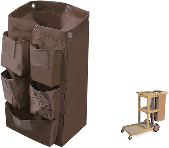 Large Capacity Waterproof Janitorial Cart Bag with 6 Brass Grommets, 25 Gallon, Brown with 5 Pockets