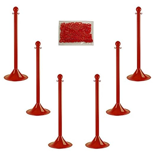 Mr. Chain Plastic Stanchion Kit with 50 Feet of 2-Inch Link Chain and C-Hooks, Red, Pack of 6 (71005-6)