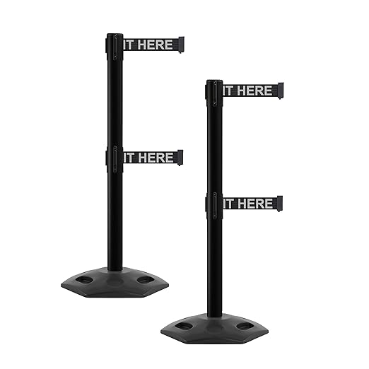 CCW Series WBB-200D - Set of 2 Retractable Dual Belt Barrier Stanchion, Heavy Duty Rubber Base, Black Post (7.5 Foot Belt, Black with"Please Wait HERE" White Letters Belt)
