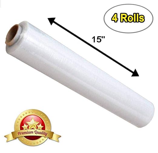 APQ 4 Rolls of Blown Hand Stretch Film 15" x 2000'. Clear Hand Stretch Wrap, 60 Gauge. Tear Resistant Residue Free Film for Moving, Shipping, Wrapping. Industrial Grade Pallet Shrink Wrap Film.