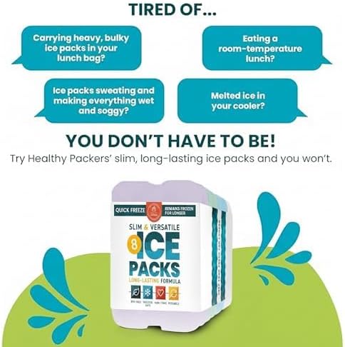 Healthy Packers Reusable Ice Packs for Lunch Boxes - Long Lasting Slim Freezer Packs, Thin Non-Toxic BPA-Free Hard Gel Ice Blocks for Coolers, Kids & Adults Lunch Bags, Travel, Camping, Food Storage