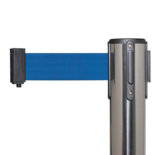 Crowd Control Warehouse CCW Series RBB-100 - Set of 2 Stanchion Retractable Belt Barriers - 11 Foot Blue Belt, Polished Stainless Steel Post - Easy Assembly