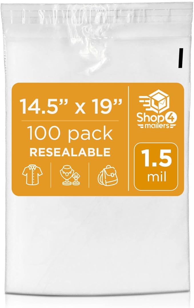 Shop4Mailers 14.5 x 19 Clear Plastic Poly Bags 1.5 Mil Self Seal Packaging for Apparel, Jewelry, Documents, Prints, Gifts, Storage – Resealable (100 Pack)