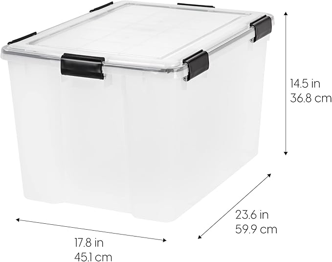 IRIS USA WeatherPro 74 Qt Storage Bins with Lids, 2 Pack, BPA-Free Plastic Gasket Box with Tight Latch and Seal, Stackable Nestable Tote Tub - Clear/Black