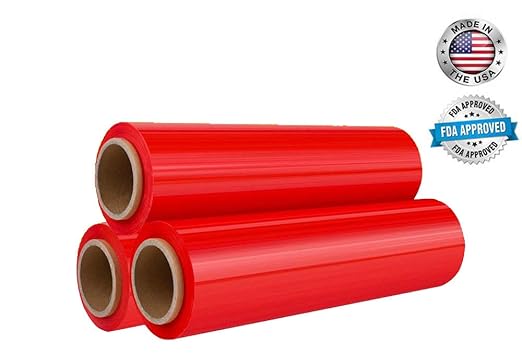 APQ 4 Rolls of Blown Hand Stretch Film 18" x 1500'. Red Hand Stretch Wrap, 80 Gauge. Tear Resistant Residue Free Film for Moving, Shipping, Wrapping. Industrial Grade Pallet Shrink Wrap Film.
