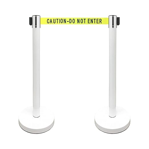 VIP Crowd Control Retractable Belt Stanchion Queue Safety Barrier Set, 36" Ht, 78" Belt (2 WHT Posts Caution Belt)