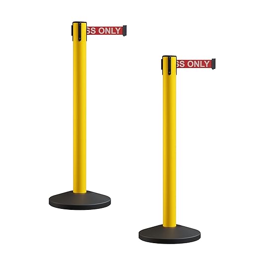 Crowd Control Warehouse CCW Series RBB-150 - Set of 2 Stanchion Retractable Belt Barriers - 16 Foot, Red"Authorized Access ONLY" White Letters Belt with Yellow Post - Easy Assembly