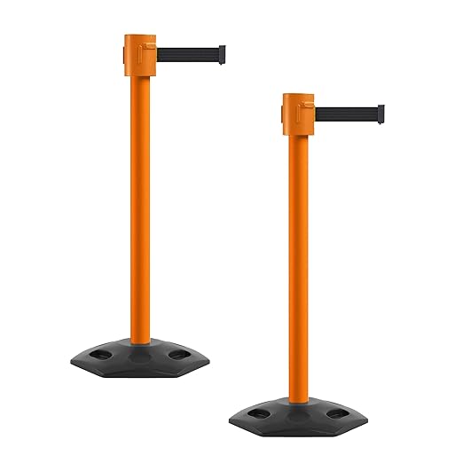 Montour Line MSR760 Set of 2 Retractable Belt Barrier Stanchion, Rubber Base, Orange Post (35 ft Black Belt)