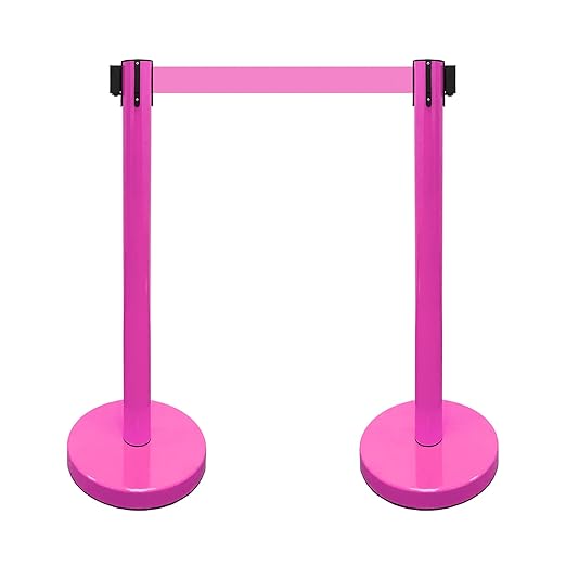 VIP Crowd Control Retractable Belt Stanchion Queue Safety Barrier Set, 36" Ht, 78" Belt (2 M.Pink Posts Pink Belt)