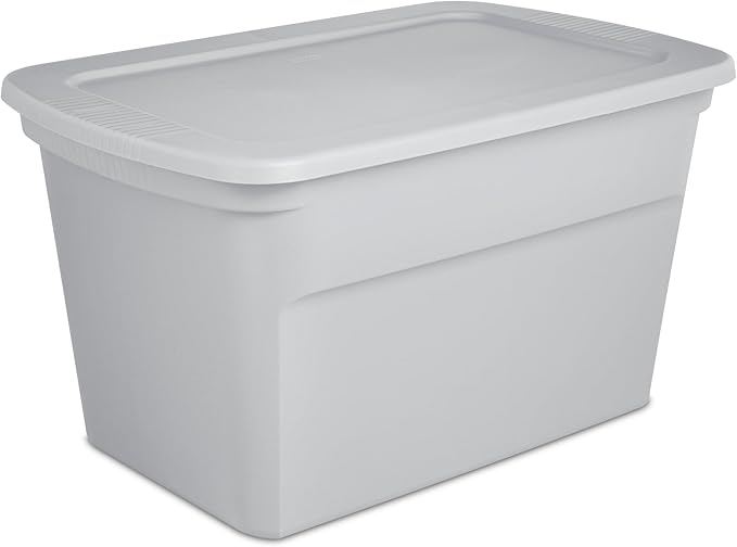 Sterilite 30 Gal Storage Tote, Stackable Bin with Lid, Plastic Container to Organize Clothes, Blankets in Closet, Basement, Gray Base and Lid, 6-Pack