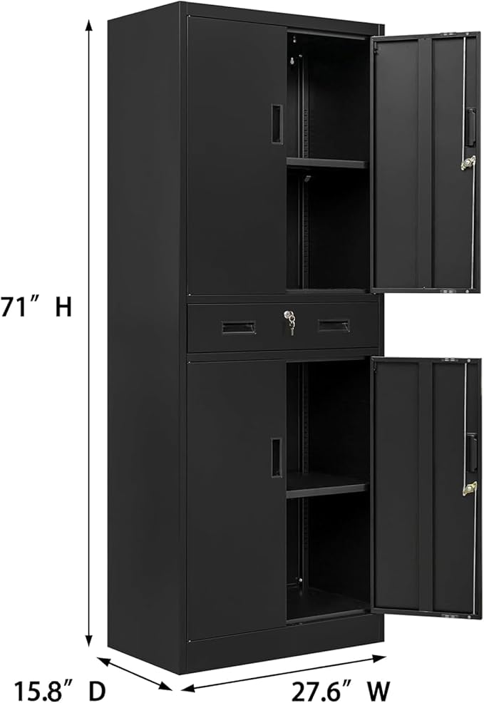 BESFUR 71" H Metal Storage Cabinet with 1 Lockable Drawer and 2 Lockable Doors, Garage Storage Cabinet with 2 Adjustable Shelves, Locking Cabinet for Garage, Office, School - Black