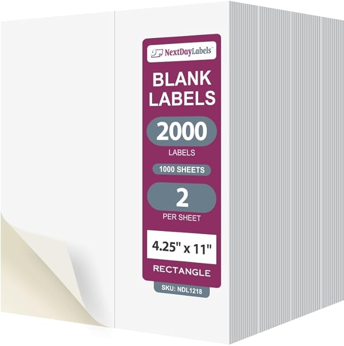 NextDayLabels – 4-1/4" x 11" Rectangular Sticker Labels for Printer - White Laser/Inkjet Printer Labels Return Address Labels Shipping Label Stickers (1000 Sheets, 2 Per Sheet, 2000 Labels)